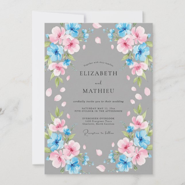 Invitation Mariage à la pétale rose azur acier (Devant)