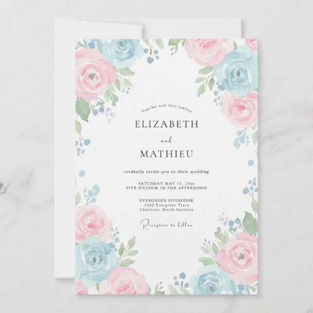 Invitation Mariage à la Pétale Rose Bleu Poudre (Devant)