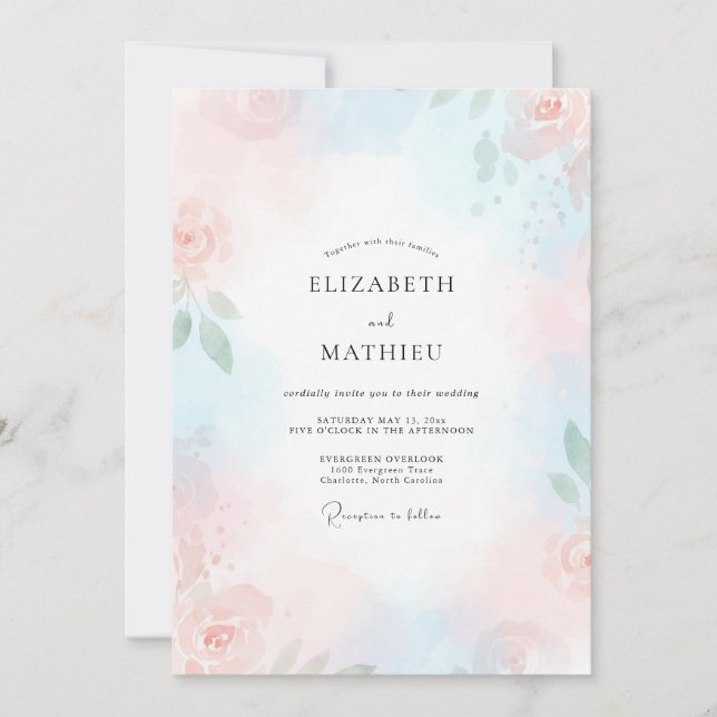 Invitation Mariage à la Petale Rose Céruléen (Devant)