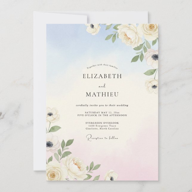 Invitation Mariage à la Petale Rose Ciel (Devant)