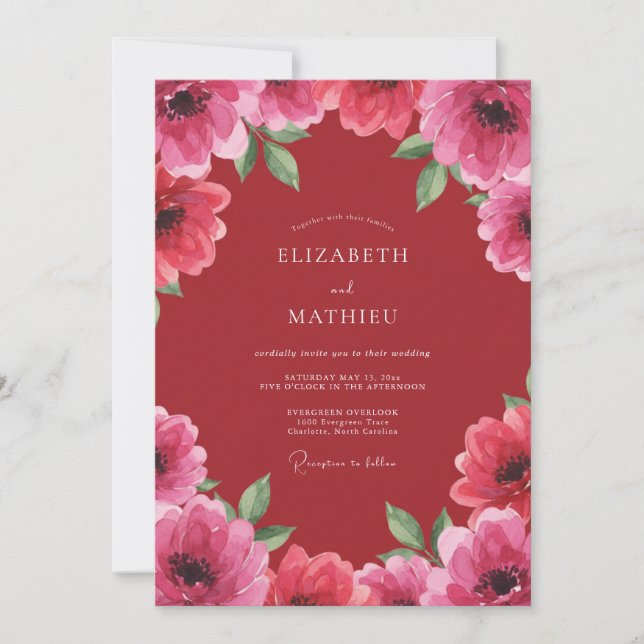 Invitation Mariage à la Petale Rose Cramoisi (Devant)