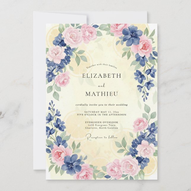 Invitation Mariage à la Pétale Rose Douce Céruléen (Devant)