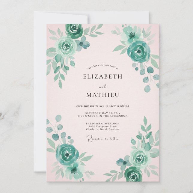 Invitation Mariage à la pétale rose pâle aqua (Devant)
