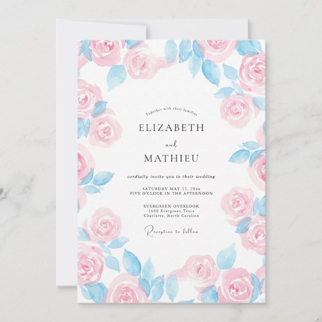 Invitation Mariage à la Pétale Rose Pastel de Bleuet (Devant)