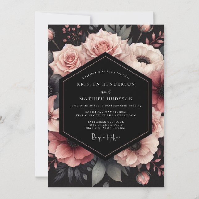 Invitation Mariage à la Pétale Rouge Noir (Devant)