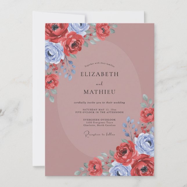 Invitation Mariage à la Pétale Rouge Pourpre Mauve (Devant)