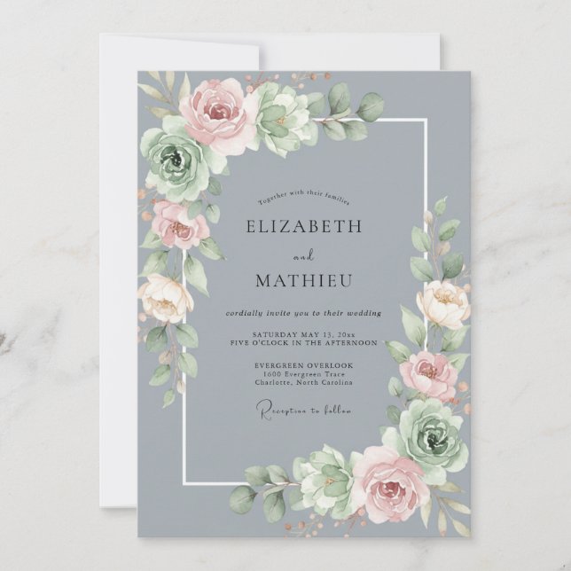 Invitation Mariage à la Pétales de Teinte Rosée Étain (Devant)