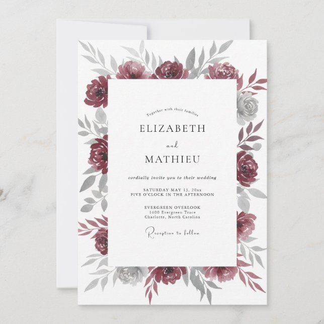 Invitation Mariage à la Pivoine Argentée Baie (Devant)
