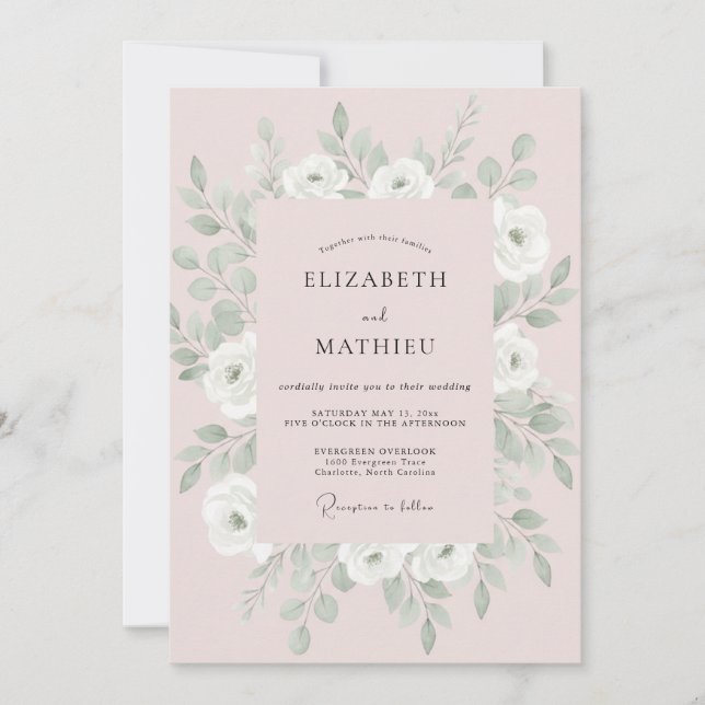 Invitation Mariage à la Pivoine Argentée Rose (Devant)