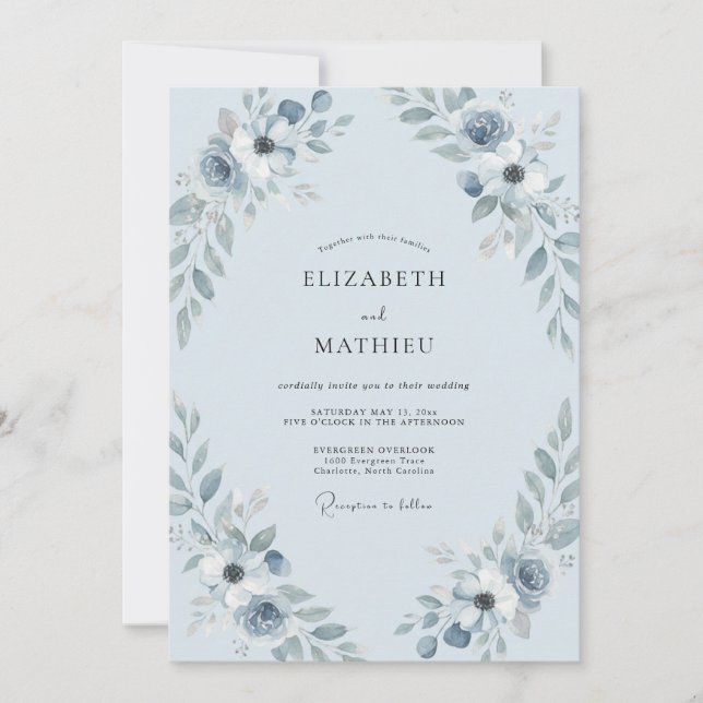 Invitation Mariage à la Pivoine Azur Glacée (Devant)