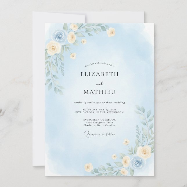 Invitation Mariage à la Pivoine Bleu Glaçon (Devant)