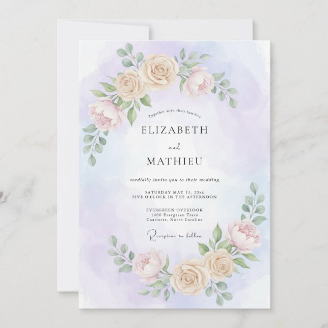 Invitation Mariage à la Pivoine Crème Améthyste (Devant)