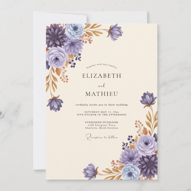Invitation Mariage à la Pivoine Dorée Violette (Devant)