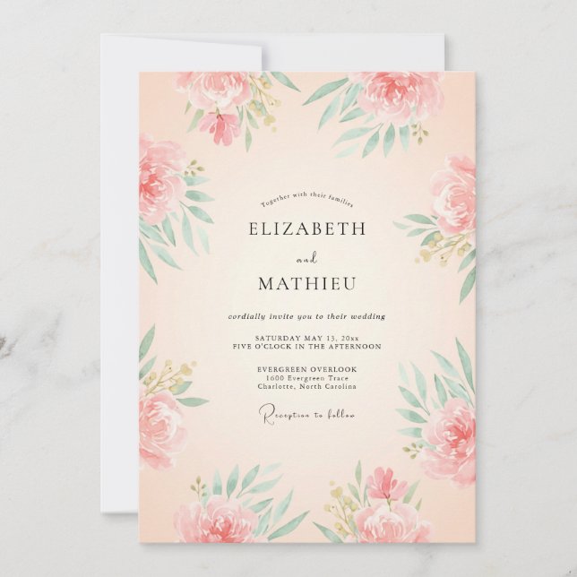 Invitation Mariage à la Pivoine Menthe Abricot (Devant)