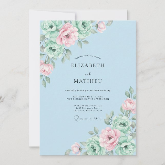 Invitation Mariage à la Pivoine Menthe Azur (Devant)