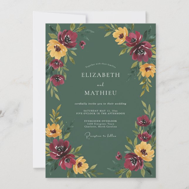 Invitation Mariage à la Pivoine Pourpre Moutarde (Devant)
