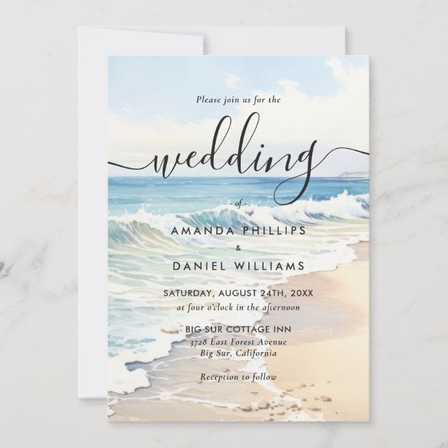 Invitation Mariage à la plage aquarelle Destination Vagues ro (Devant)