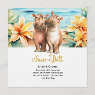 Invitation  Mariage à la plage avec un couple d'hippopotames 