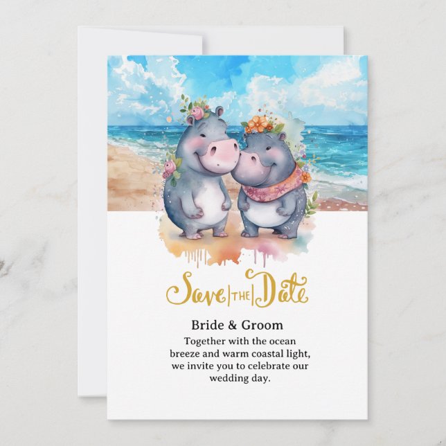 Invitation  Mariage à la plage avec un couple d'hippopotames  (Devant)