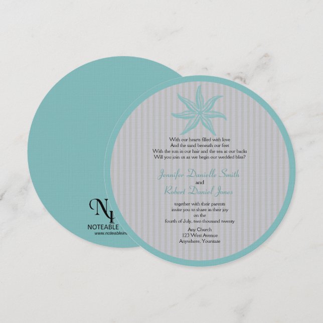 Invitation Mariage à la plage d'Aqua Starfish Stripe (Devant / Derrière)
