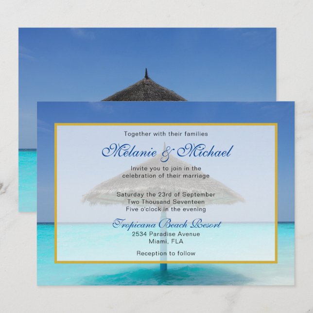 Invitation Mariage à la Plage Tropicale avec Parasol en Chaum (Devant / Derrière)