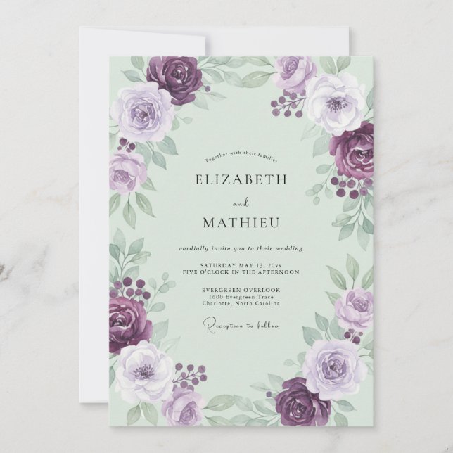 Invitation Mariage à la poussière de feuillage de menthe prun (Devant)
