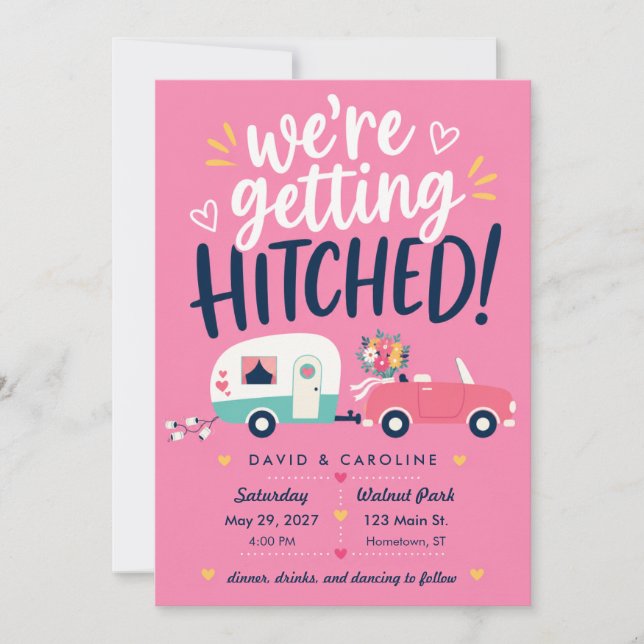 Invitation Mariage à la remorque rose Mid-Century Mod (Devant)