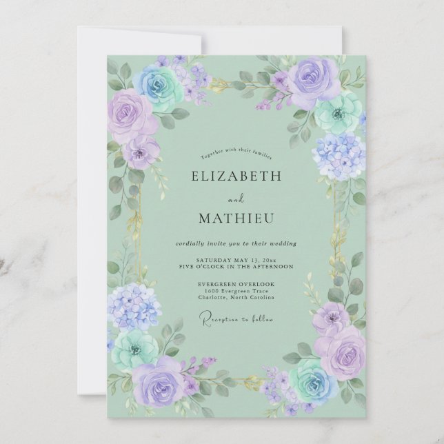 Invitation Mariage à la Renoncule Pervenche Menthe Eucalyptus (Devant)