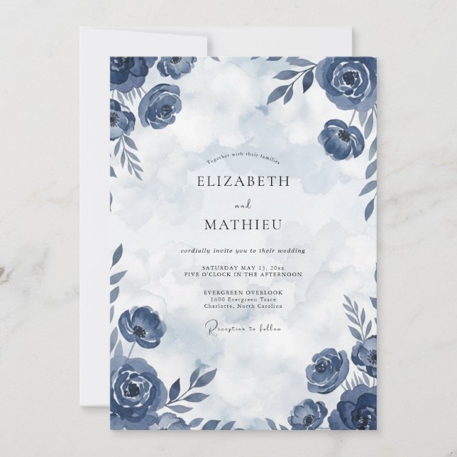 Invitation Mariage à la rose aquarelle indigo (Devant)