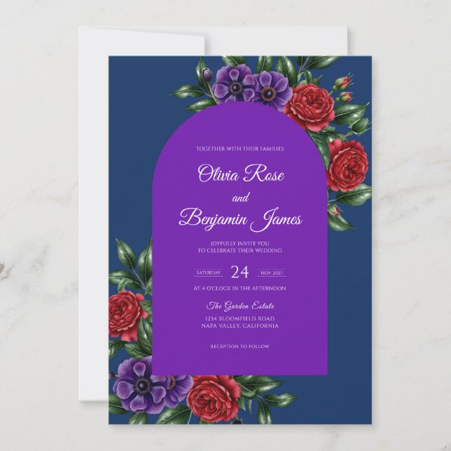 Invitation Mariage à la Rose Pourpre Royale (Devant)