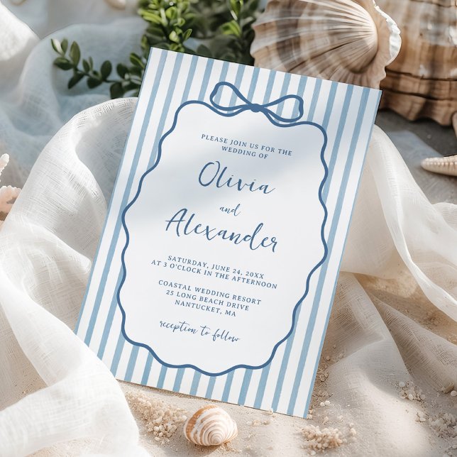 Invitation Mariage à la Stripe Bleu Côtier Fantaisiste avec N (Créateur téléchargé)