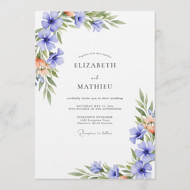 Invitation Mariage à la touche d'aquarelle de pervenche (Devant)