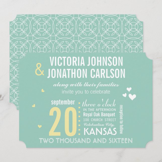 Invitation Mariage à la typographie moderne jaune et menthe (Devant / Derrière)