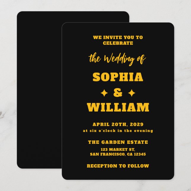 Invitation Mariage à la typographie moderne noir et or (Devant / Derrière)