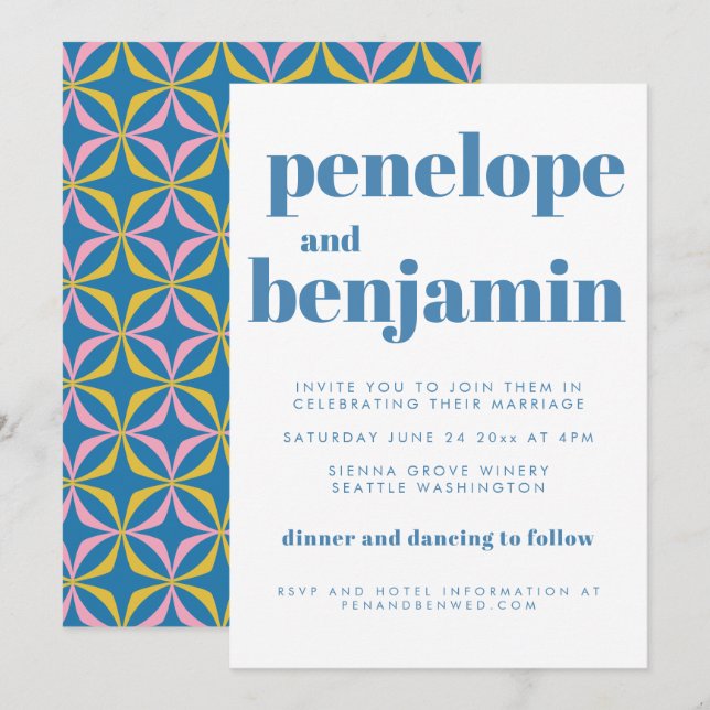 Invitation Mariage à la typographie rétro avec motif bleu mod (Devant / Derrière)
