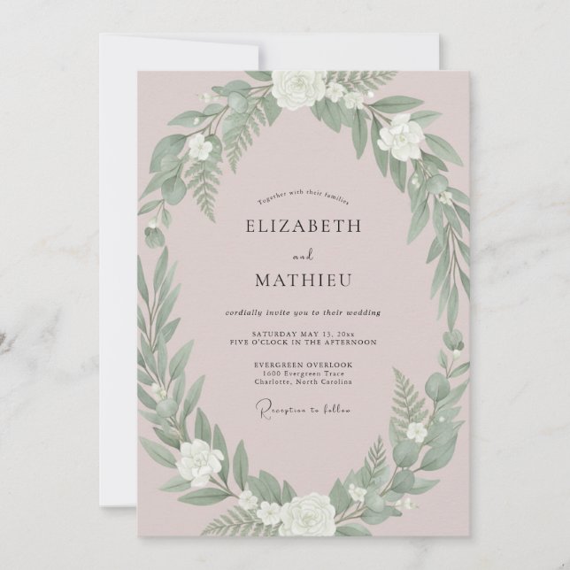 Invitation Mariage à la végétation discrète rose (Devant)