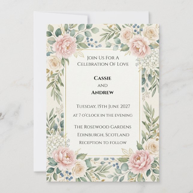 Invitation Mariage à la verdure de rose carmin (Devant)