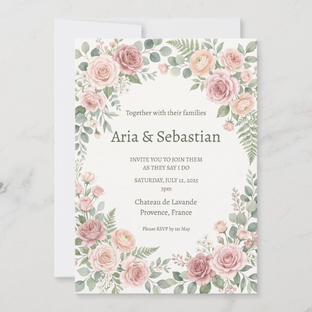 Invitation Mariage à la verdure de rose éblouissante (Devant)
