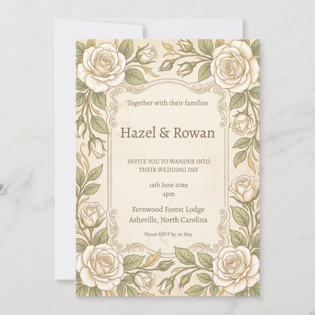Invitation Mariage à la verdure de rose ivoire (Devant)