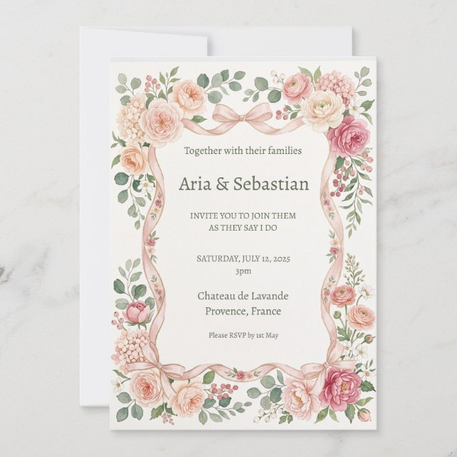 Invitation Mariage à la verdure de rose rose (Devant)
