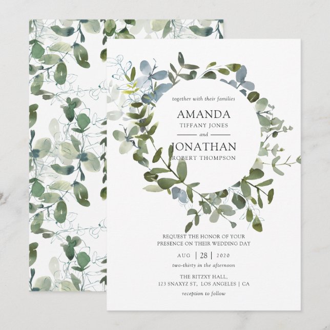 Invitation Mariage à la verdure d'eucalyptus à l'aquarelle (Devant / Derrière)
