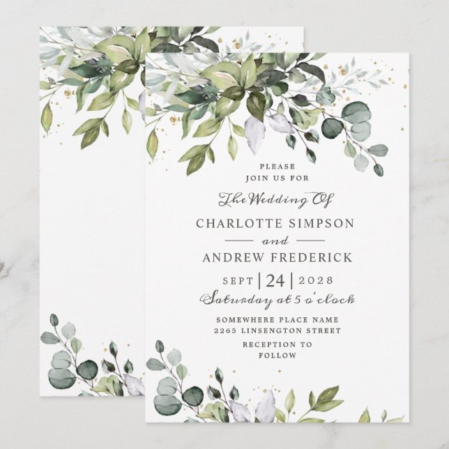 Invitation Mariage à la verdure d'eucalyptus à l'aquarelle (Devant / Derrière)