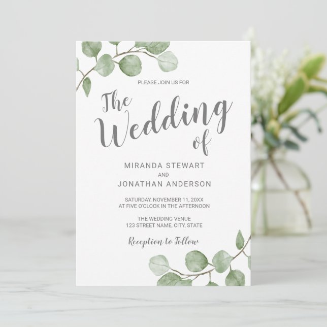Invitation Mariage à la verdure d'eucalyptus à l'aquarelle (Debout devant)