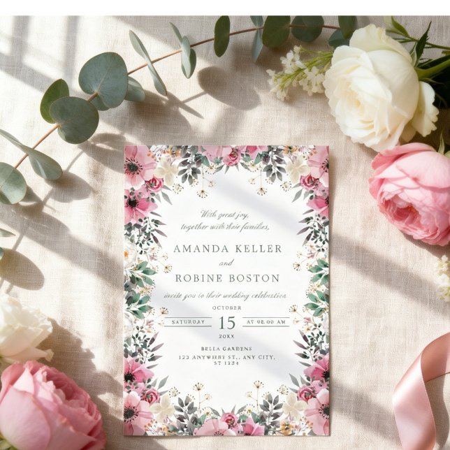 Invitation Mariage à la verdure florale rose (Créateur téléchargé)