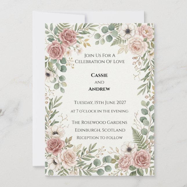 Invitation Mariage à la verdure rose (Devant)
