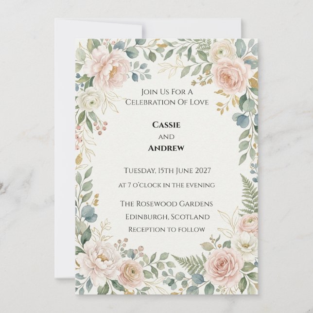 Invitation Mariage à la verdure rose (Devant)