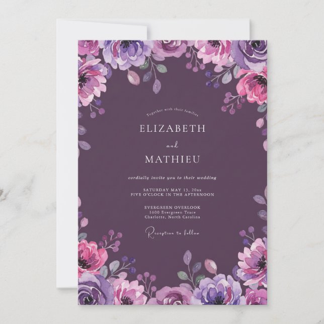Invitation Mariage à la vigne aquarelle prune (Devant)