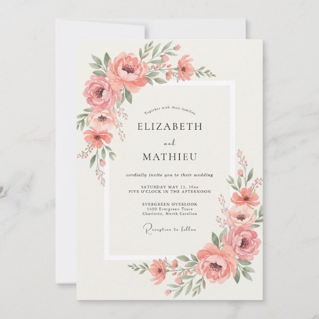 Invitation Mariage à la Vigne de Pivoine Rose (Devant)
