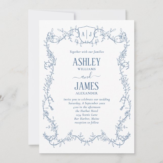 Invitation Mariage à la vigne de rose décousue bleu monogramm (Devant)