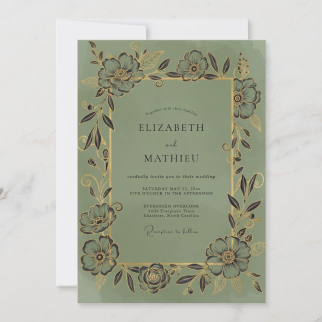 Invitation Mariage à la vigne or olive (Devant)